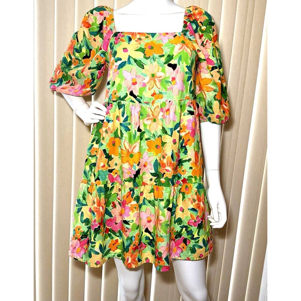 Sanctuary Weekender Floral Linen Blend Tiered Mini Dress Estimated XS